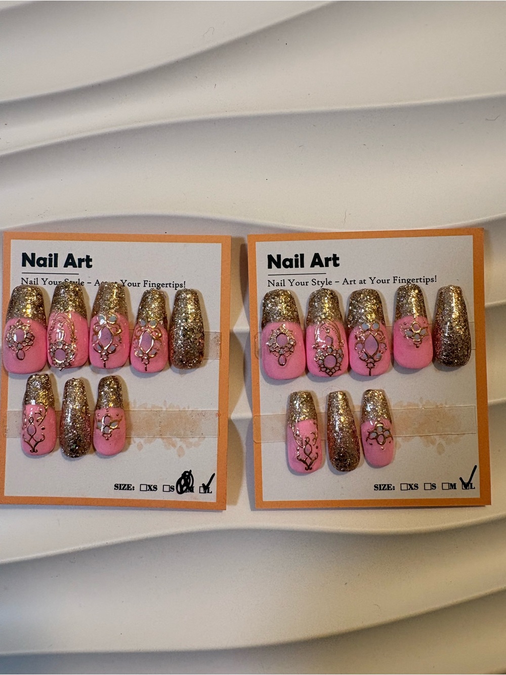 Pink and Gold Glitter Press-On Nails - Floral Accent